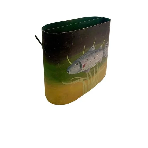 Magazine Holder Fish Painting Tin Bin with Trout Design vintage Rustic Decor